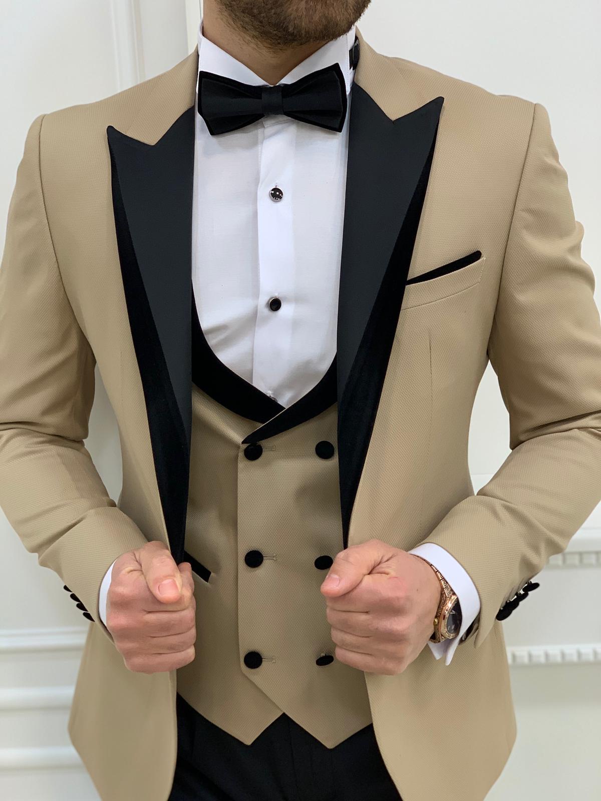 Slim Fit Tuxedo Groom Suit Jacket Vest Trousers Bow Tie - Cream