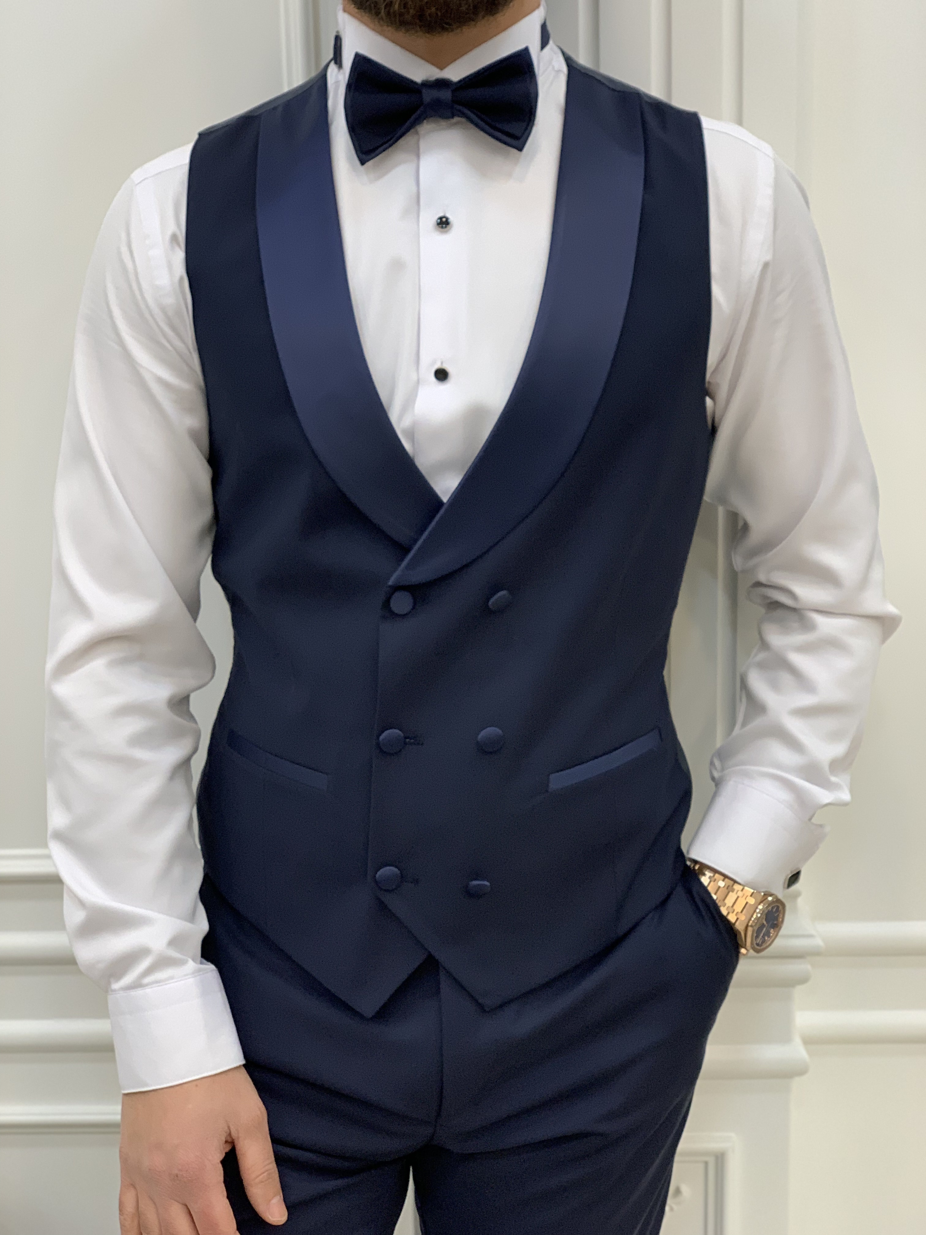 Slim Fit Tuxedo Groom Suit Jacket Vest Trousers Bow Tie - Dark Navy Blue