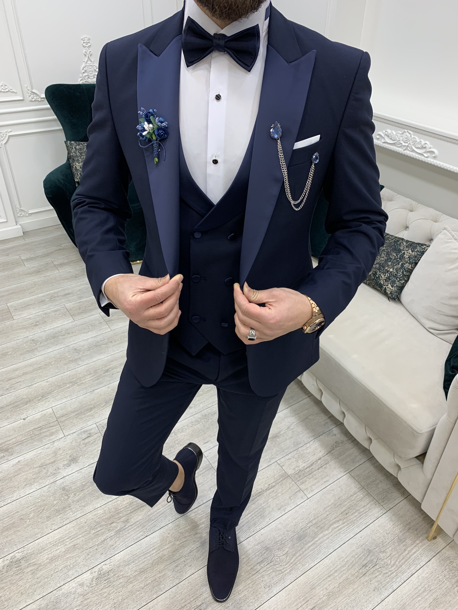 Slim Fit Tuxedo Groom Suit Jacket Vest Trousers Bow Tie - Dark Navy Blue