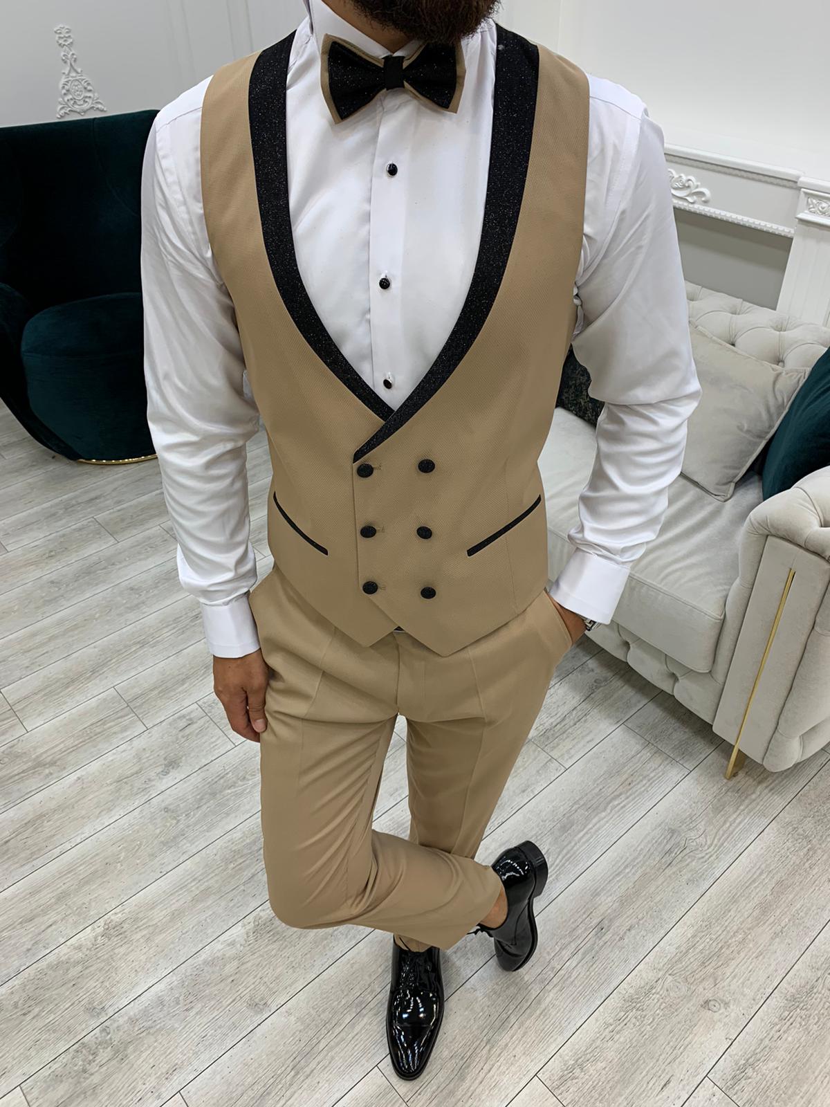 Slim Fit Smokin Damatlık Ceket Yelek Pantolon Papyon - Krem