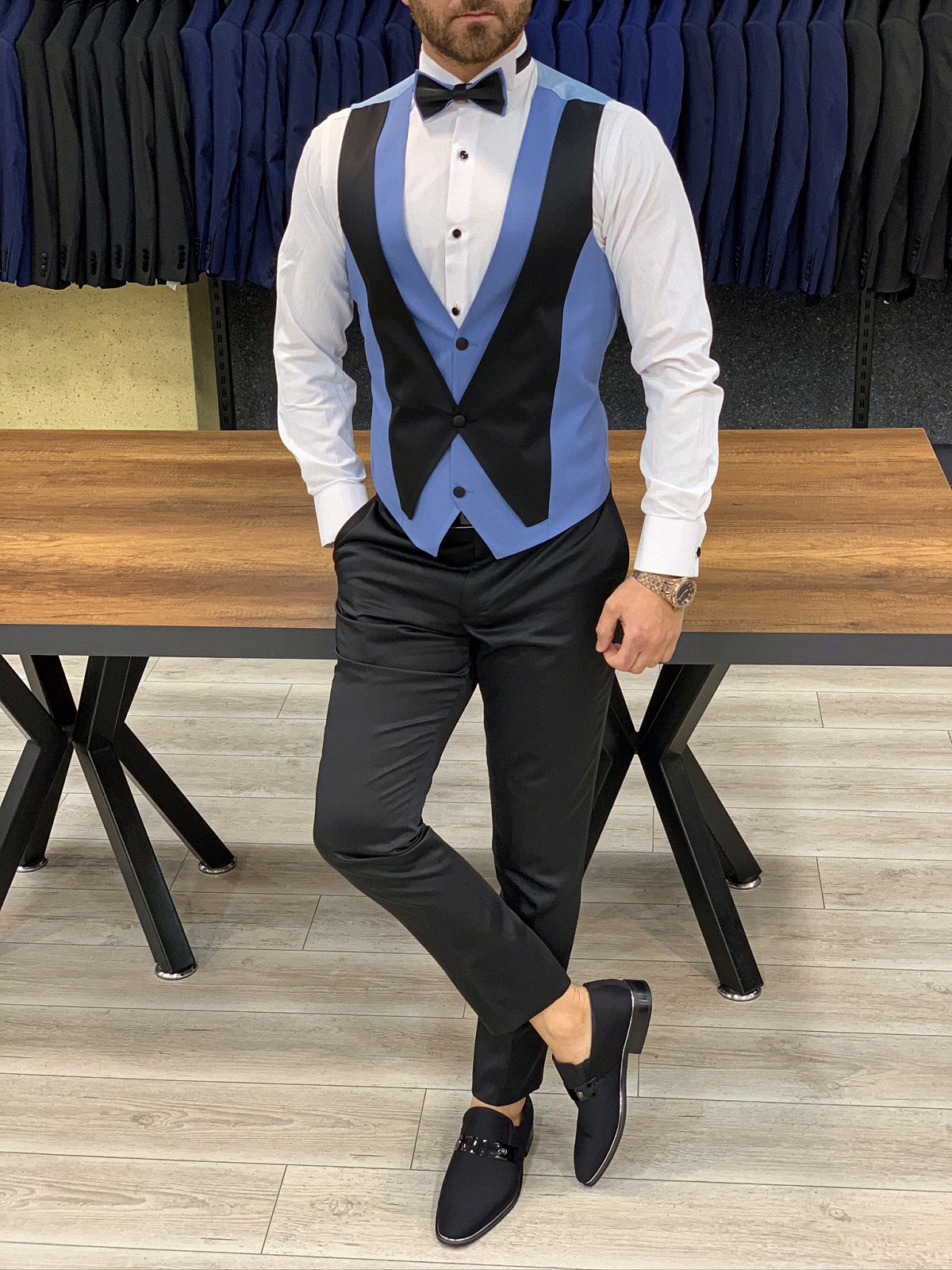 Slim Fit Tuxedo Groom Suit Jacket Vest Trousers Bow Tie - Ice Blue