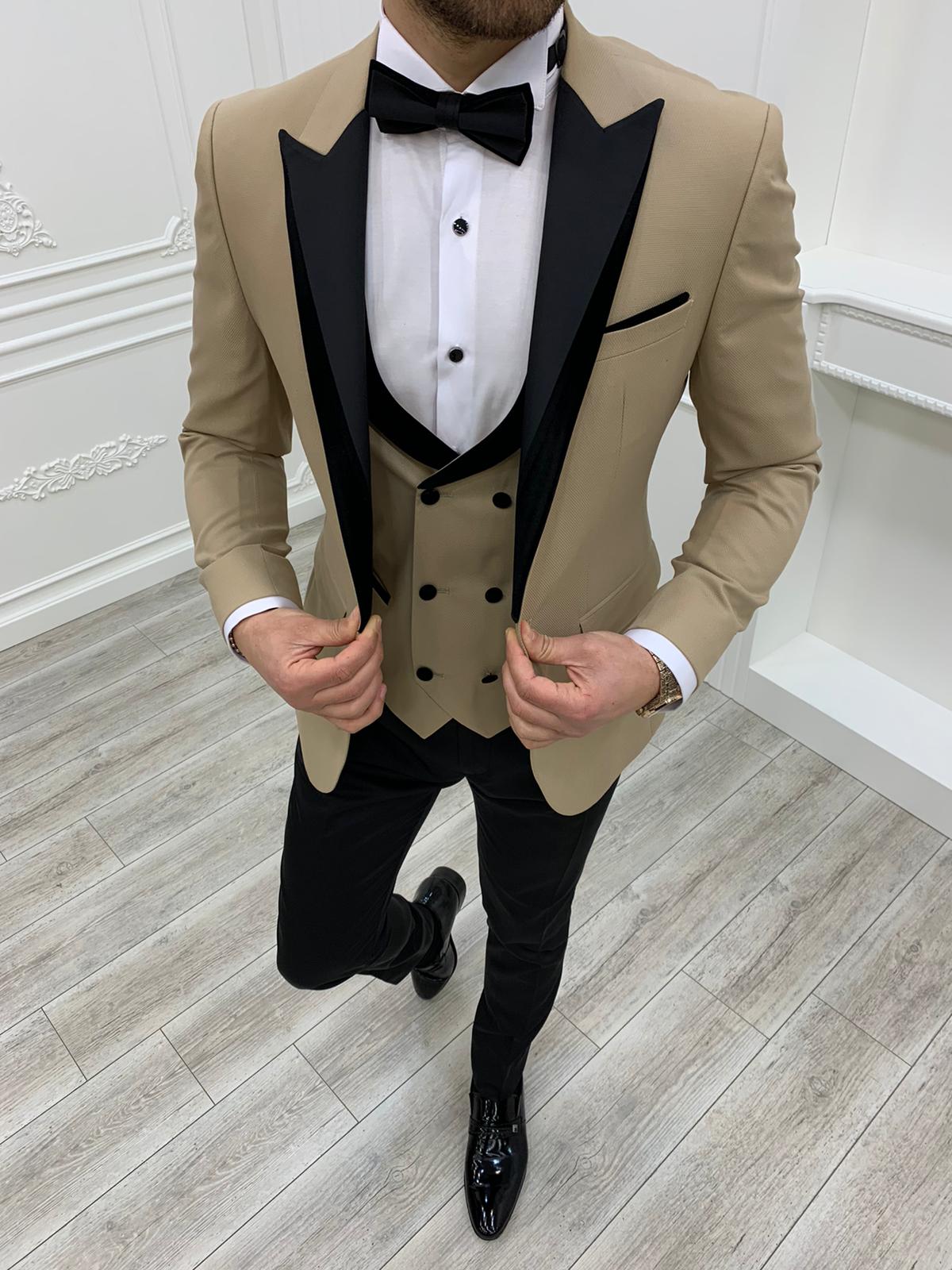 Slim Fit Tuxedo Groom Suit Jacket Vest Trousers Bow Tie - Cream
