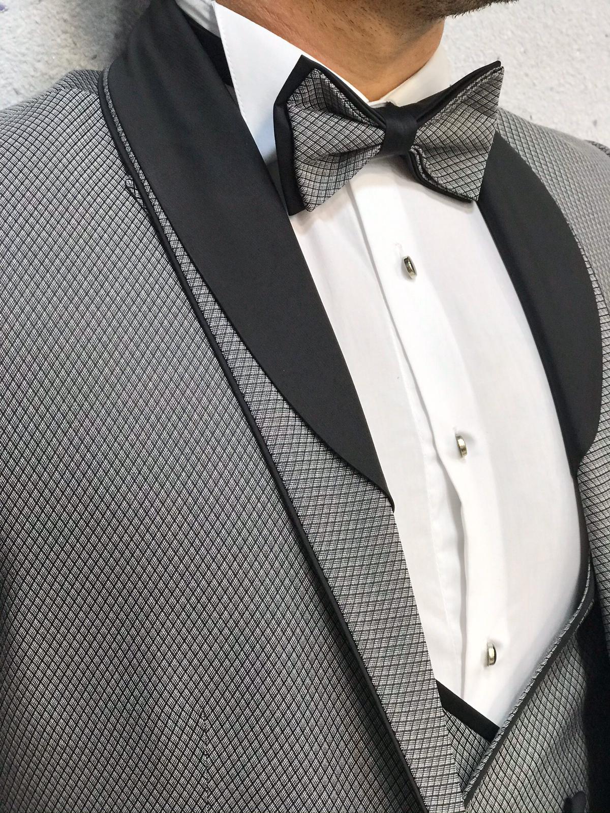 Abito da smoking slim fit, giacca, gilet, pantaloni, papillon - Grigio