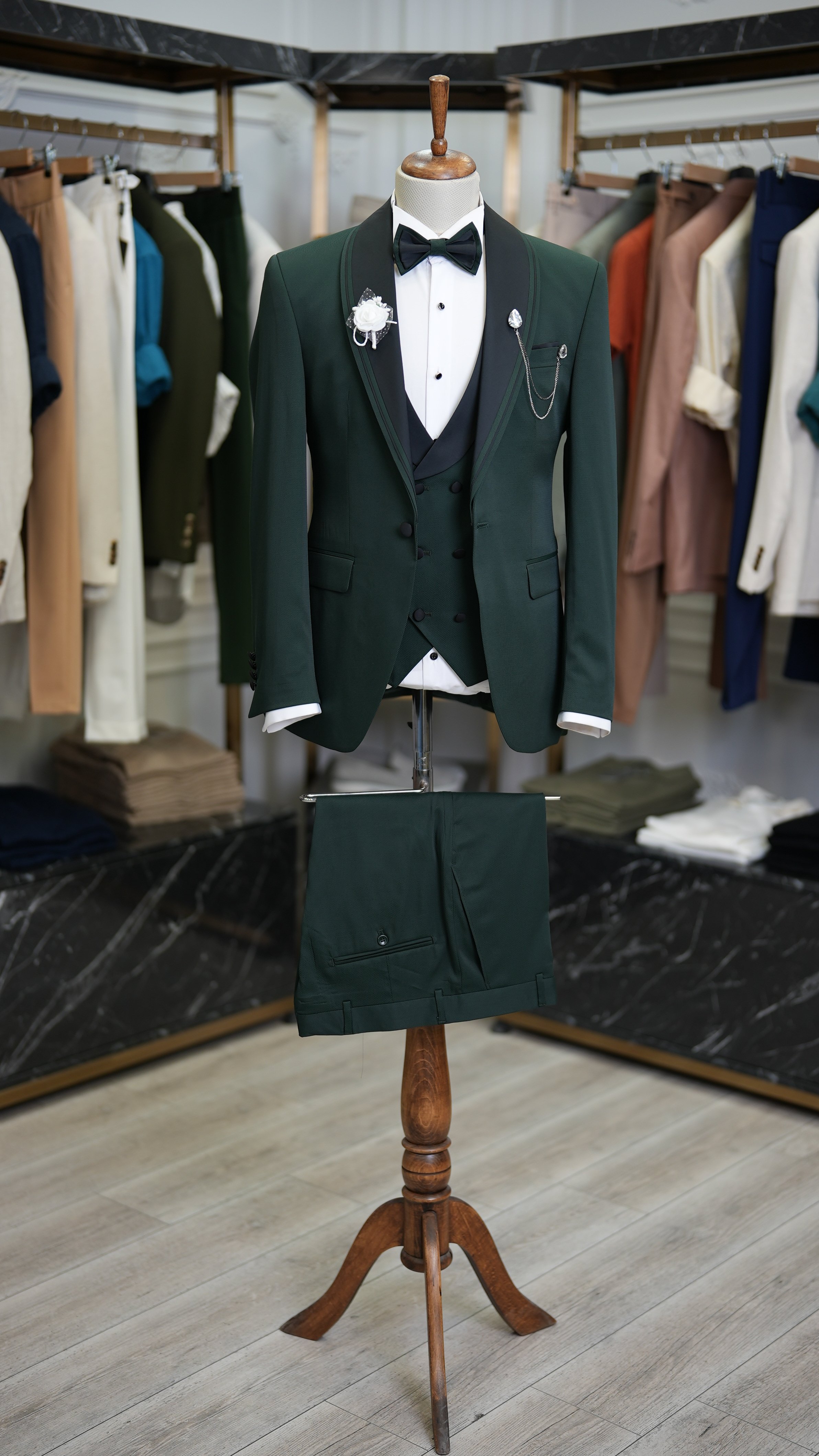 Giacca da smoking da sposo slim fit, gilet, pantaloni, papillon - Verde