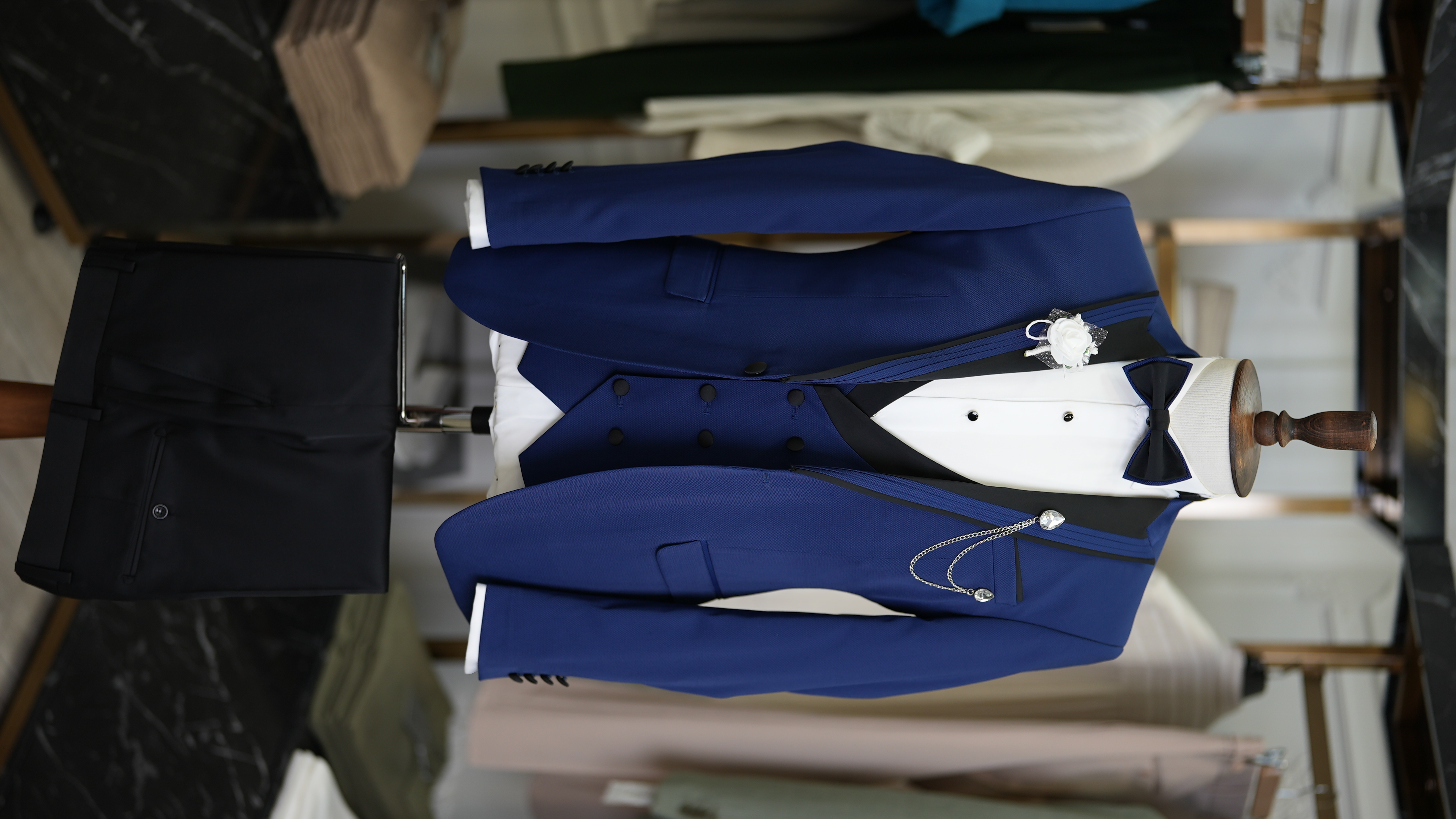 Slim Fit Smokin Damatlık Ceket Yelek Pantolon Papyon - Saks Mavisi