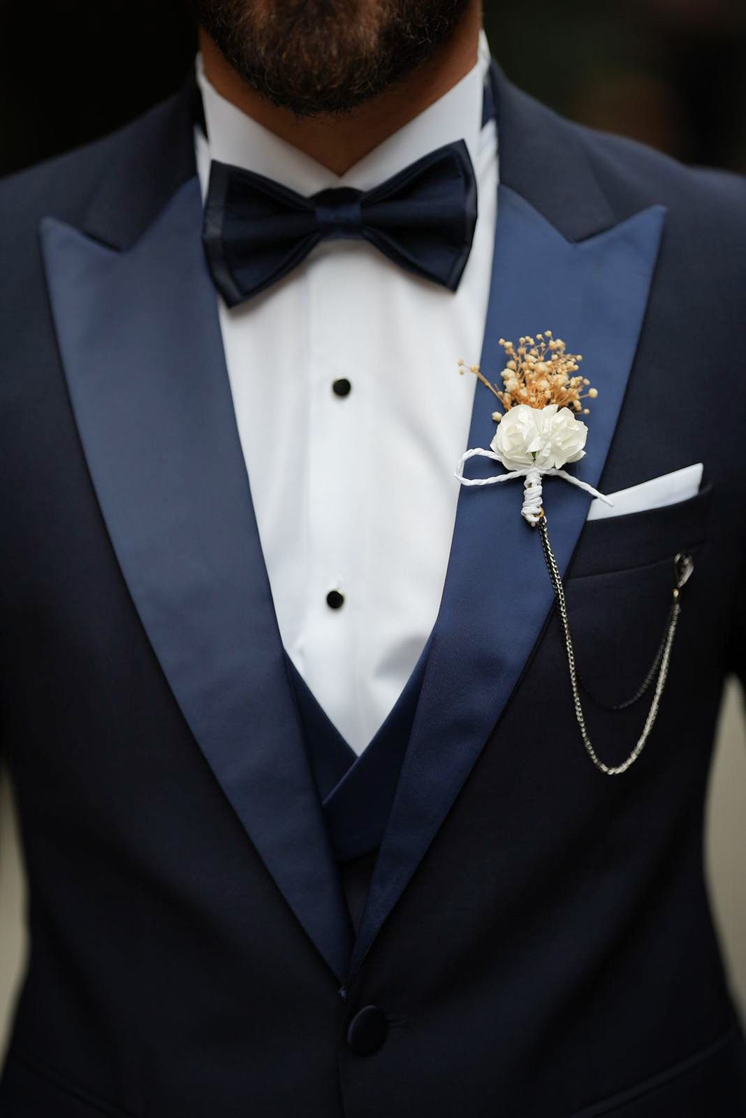 Slim Fit Tuxedo Groom Suit Jacket Vest Trousers Bow Tie - Dark Navy Blue