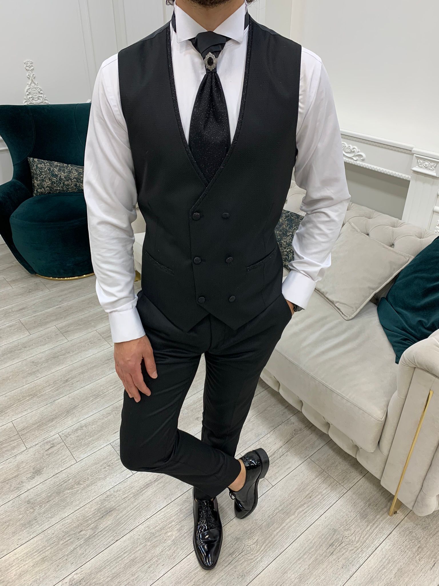 Slim Fit Tuxedo Groom Suit Jacket Vest Trousers Tie - Black