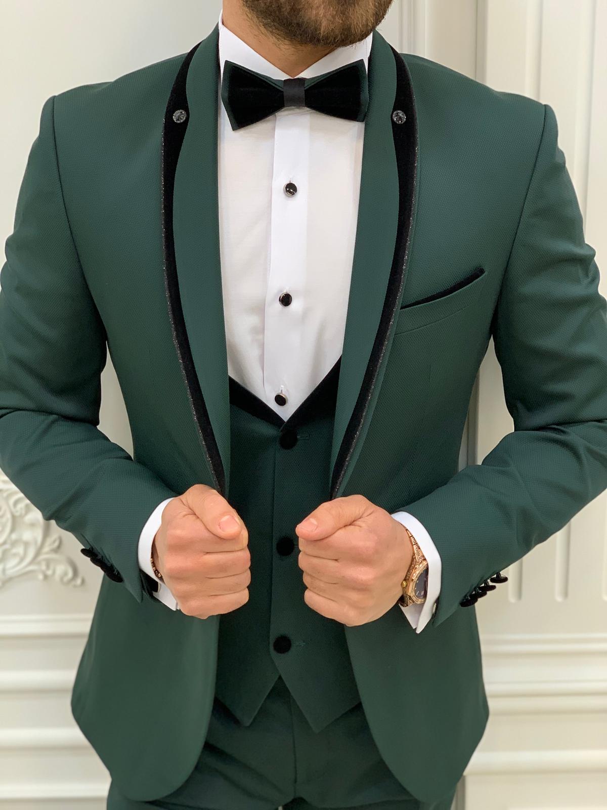Slim Fit Tuxedo Groom Jacket Vest Trousers Bow Tie - Green