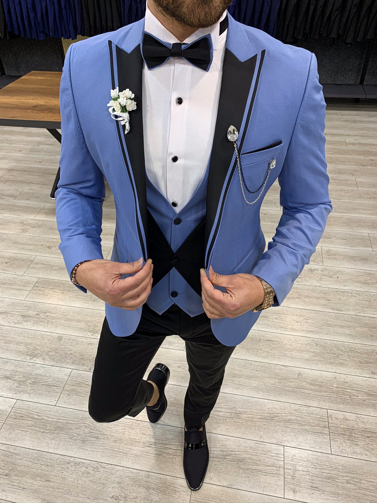 Slim Fit Tuxedo Groom Suit Jacket Vest Trousers Bow Tie - Ice Blue