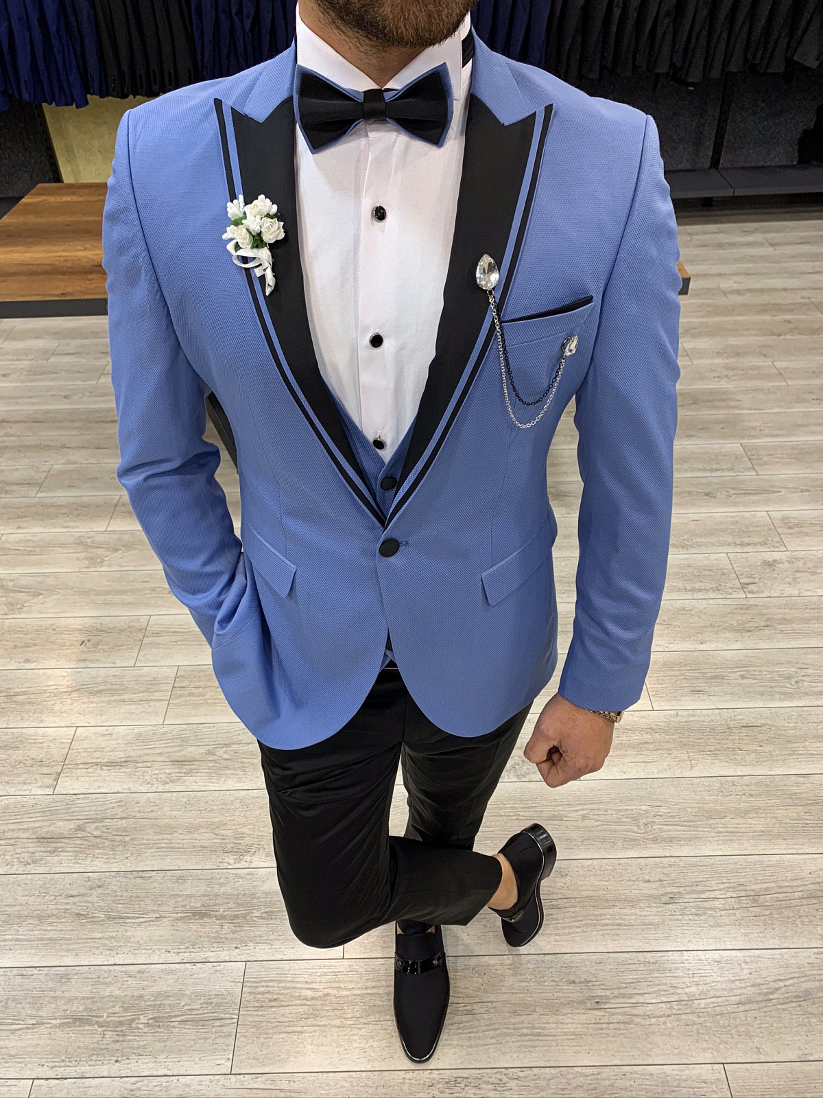 Slim Fit Tuxedo Groom Suit Jacket Vest Trousers Bow Tie - Ice Blue