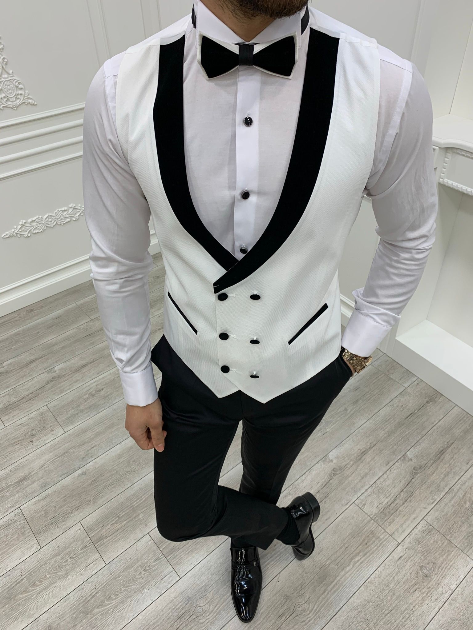Slim Fit Smoking Bräutigam Anzug Jacke Weste Hose Fliege – Weiß