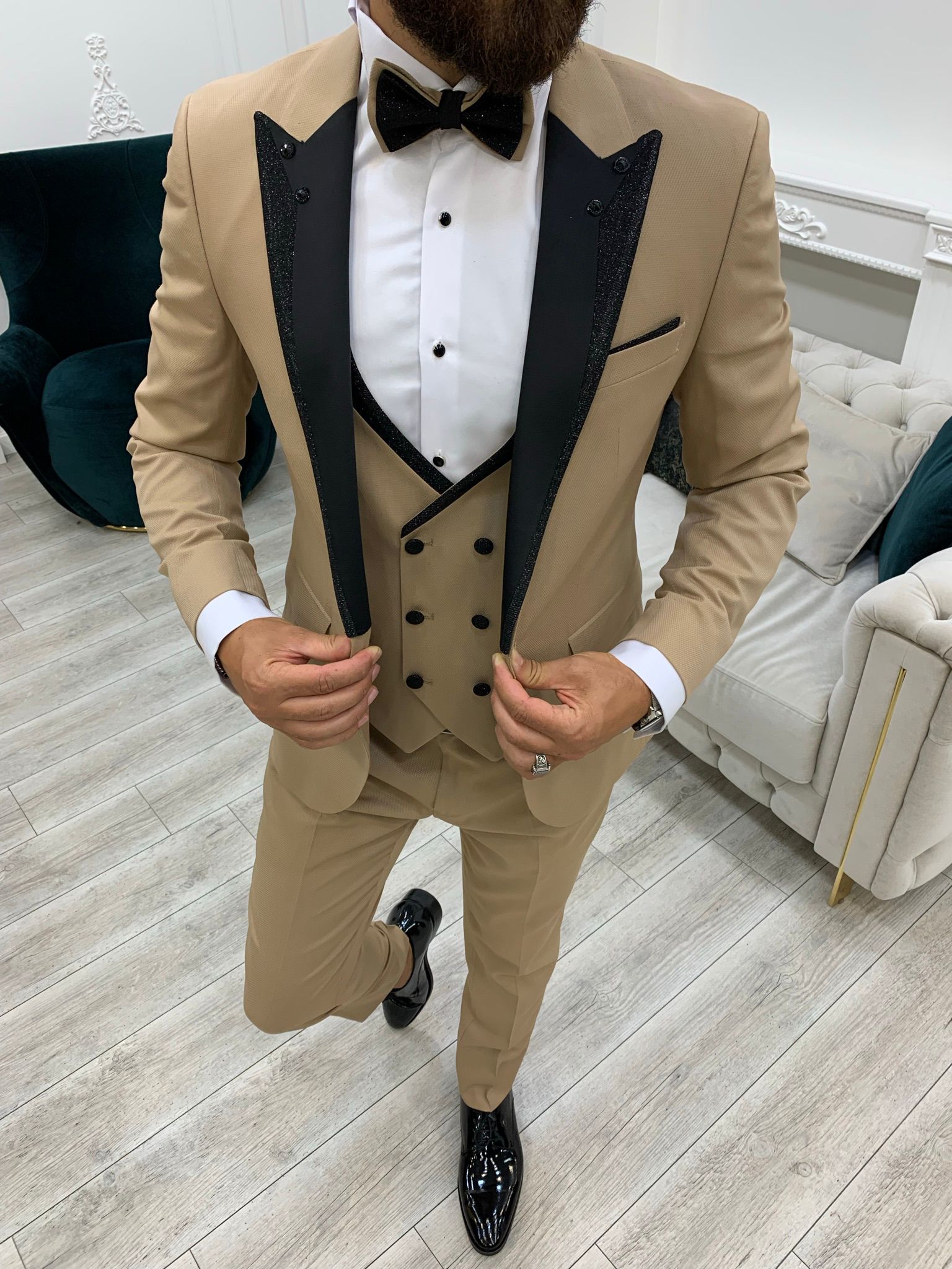 Slim Fit Smokin Damatlık Ceket Yelek Pantolon Papyon - Krem