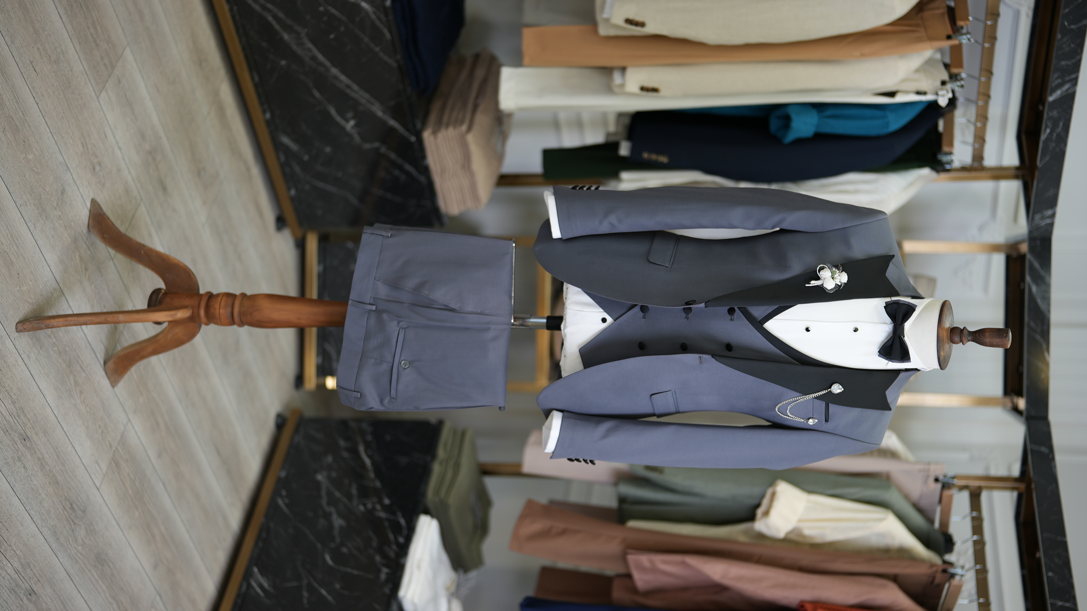 Slim Fit Smokin Damatlık Ceket Yelek Pantolon Papyon - Gri
