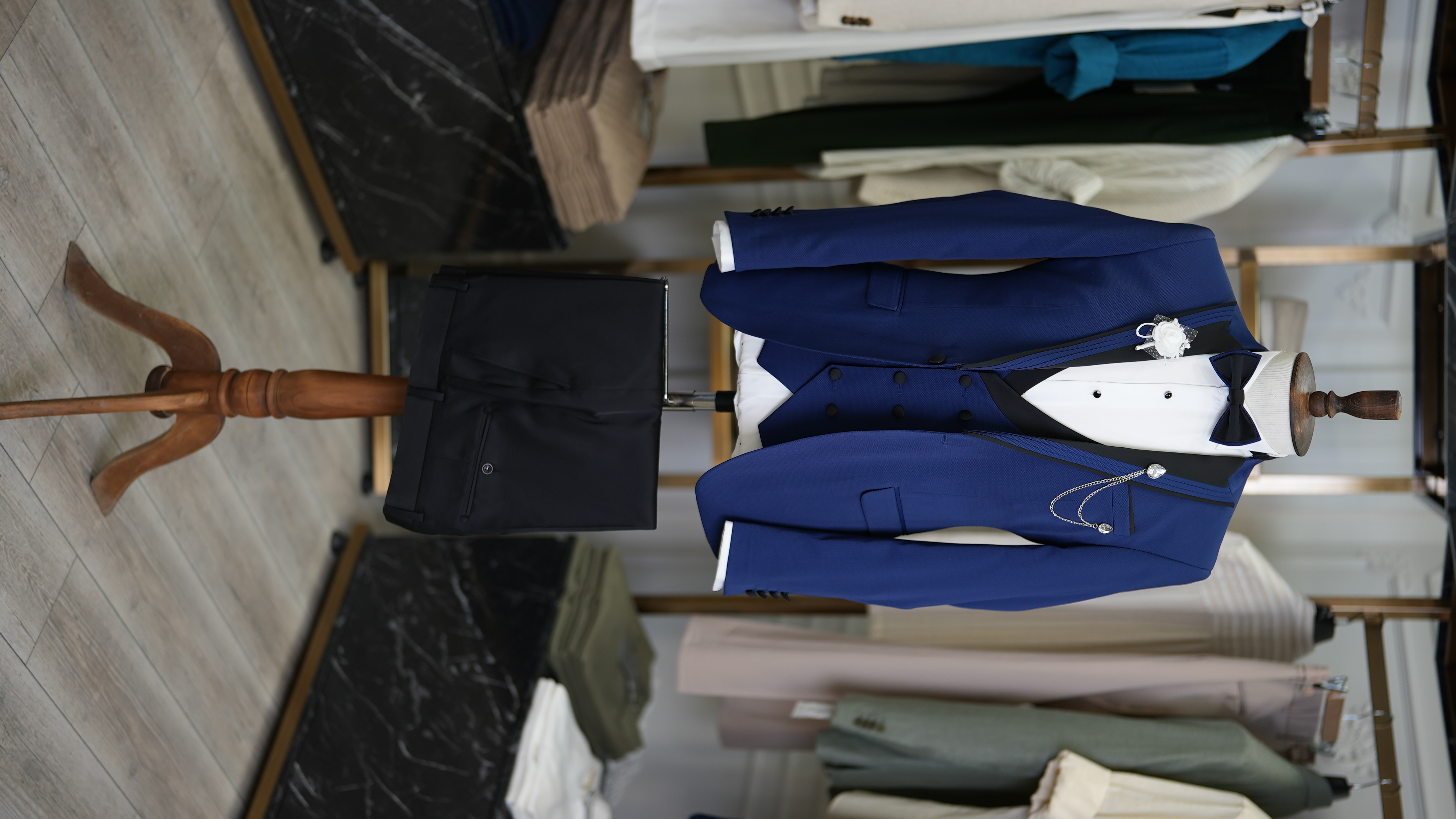 Slim Fit Smokin Damatlık Ceket Yelek Pantolon Papyon - Saks Mavisi