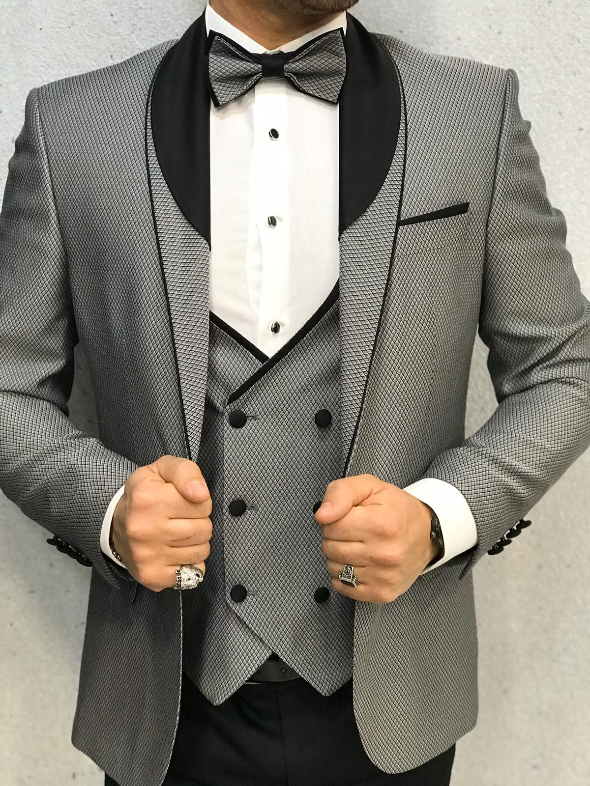 Abito da smoking slim fit, giacca, gilet, pantaloni, papillon - Grigio