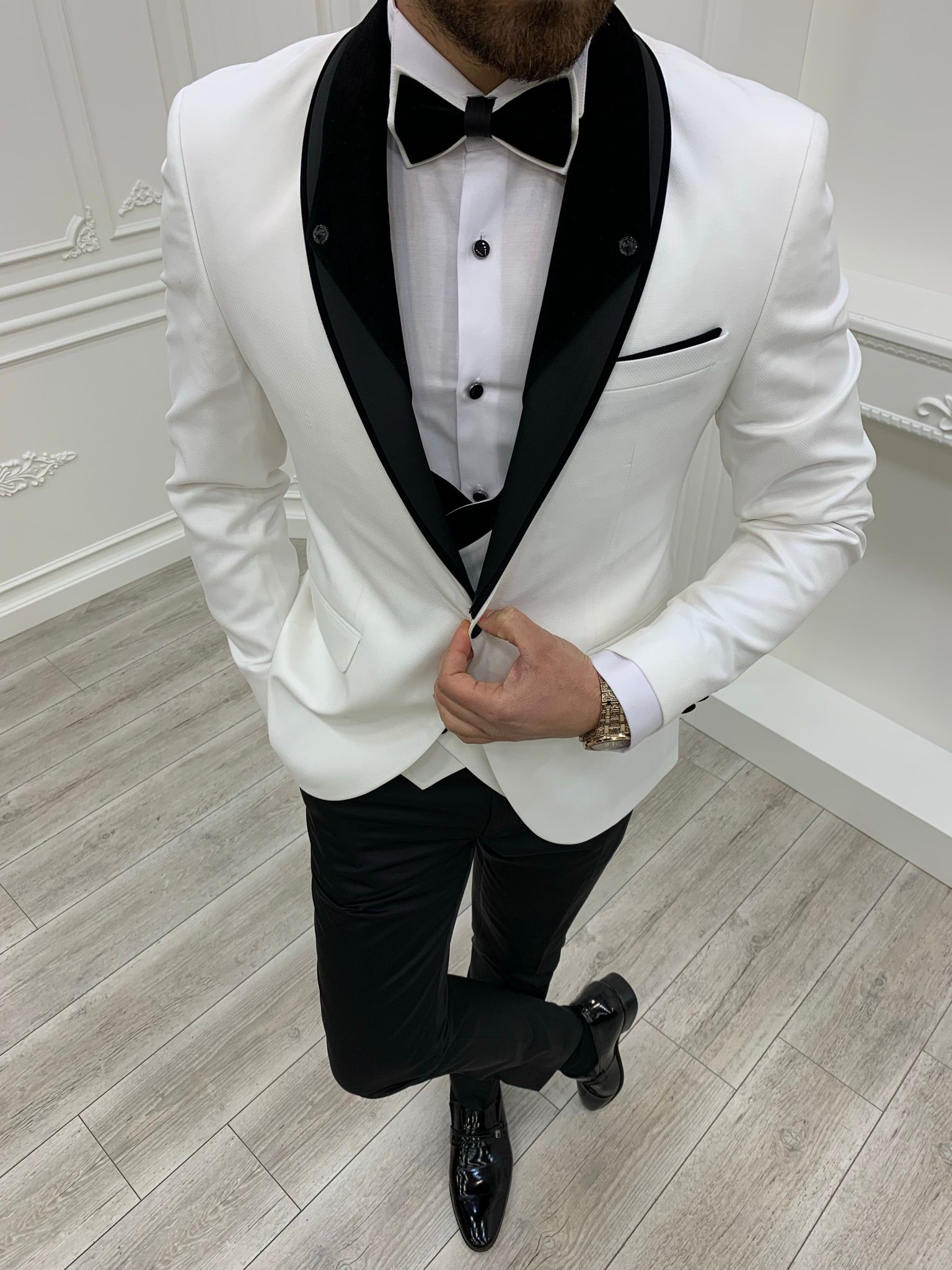 Slim Fit Smoking Bräutigam Anzug Jacke Weste Hose Fliege – Weiß