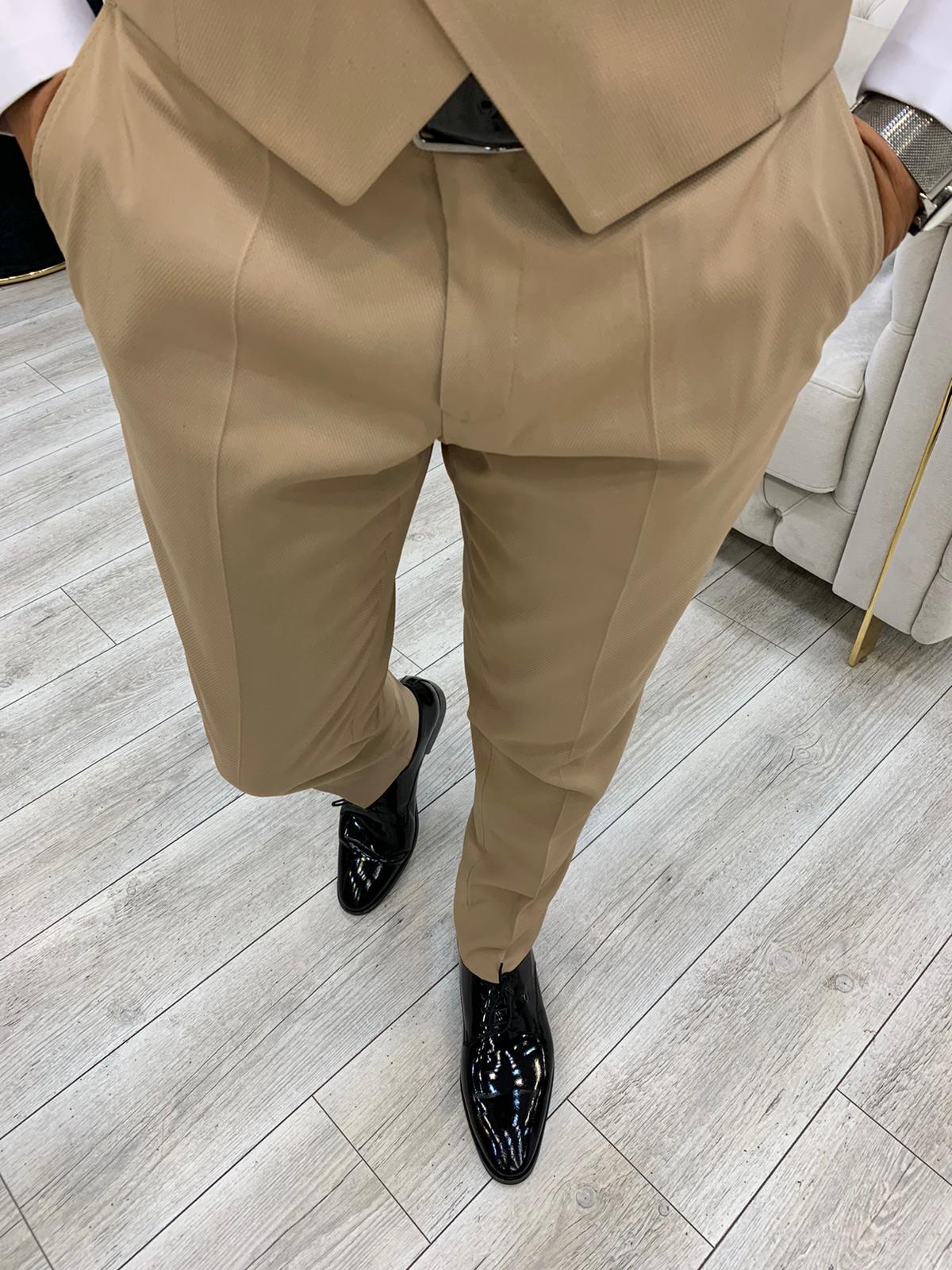 Slim Fit Smokin Damatlık Ceket Yelek Pantolon Papyon - Krem