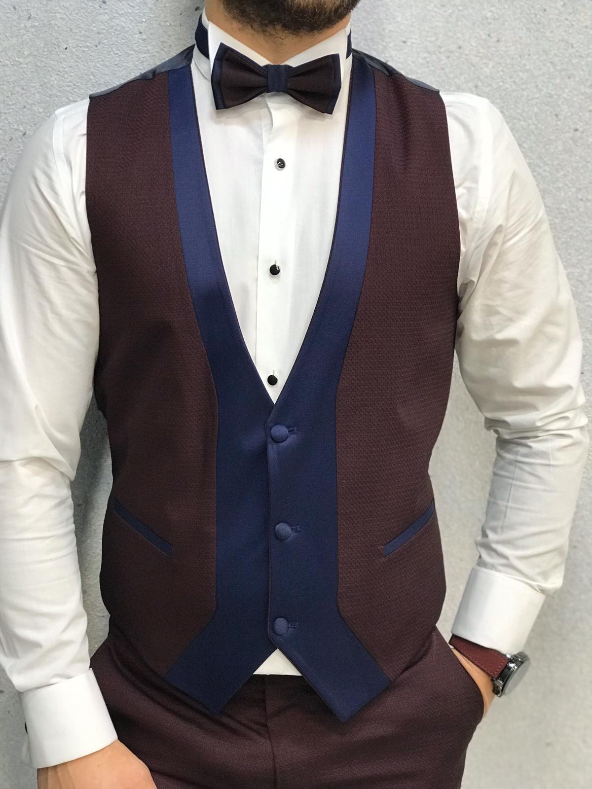 Abito da sposo smoking slim fit giacca gilet pantaloni papillon - rosso bordeaux