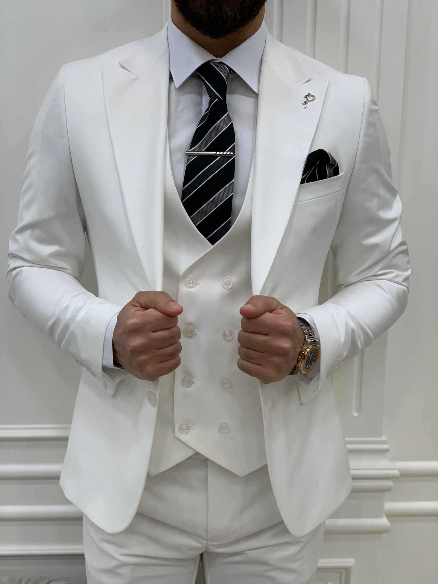 Slim Fit Takım Elbise Ceket Yelek Pantolon - Beyaz