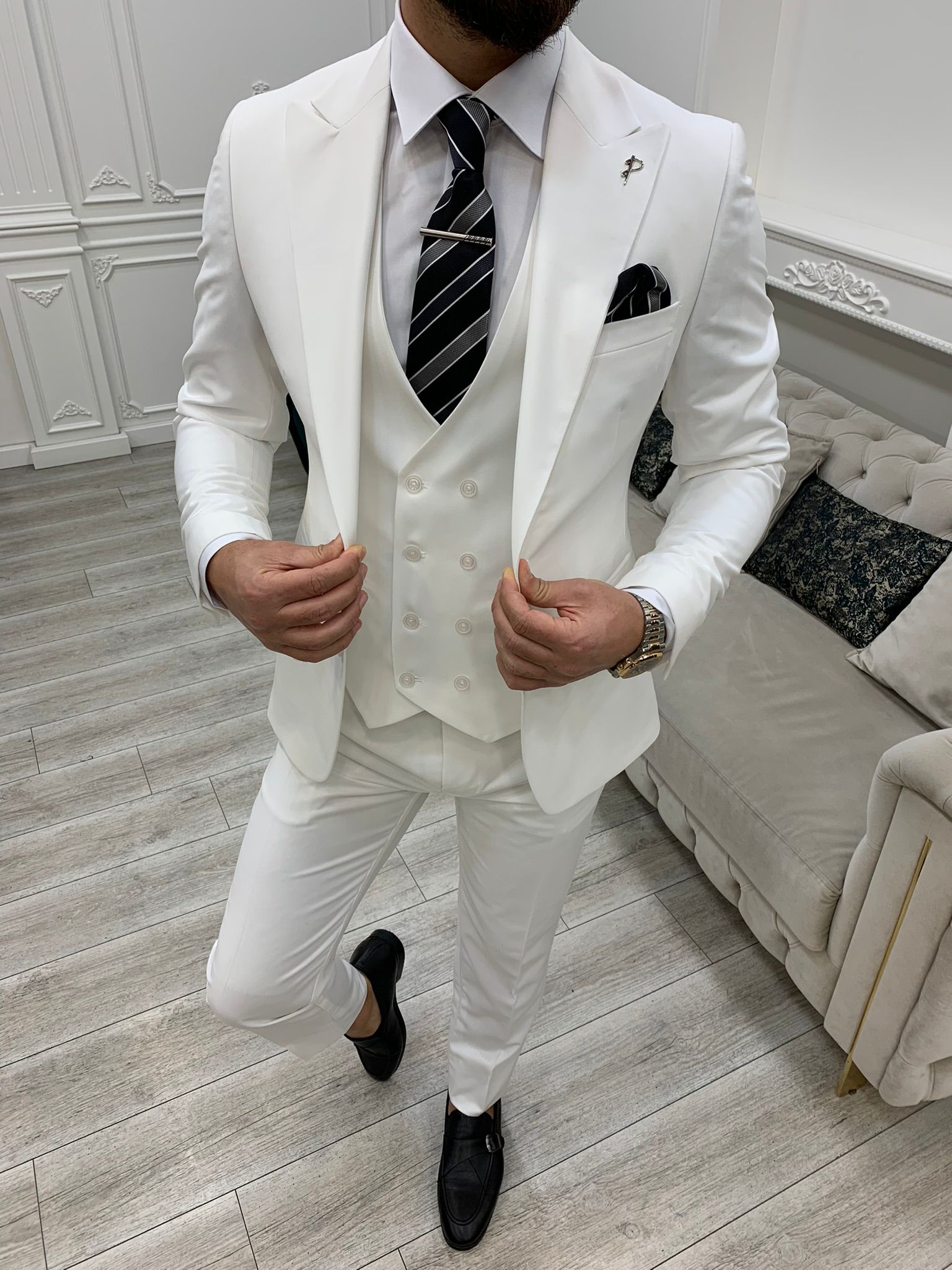 Slim Fit Takım Elbise Ceket Yelek Pantolon - Beyaz