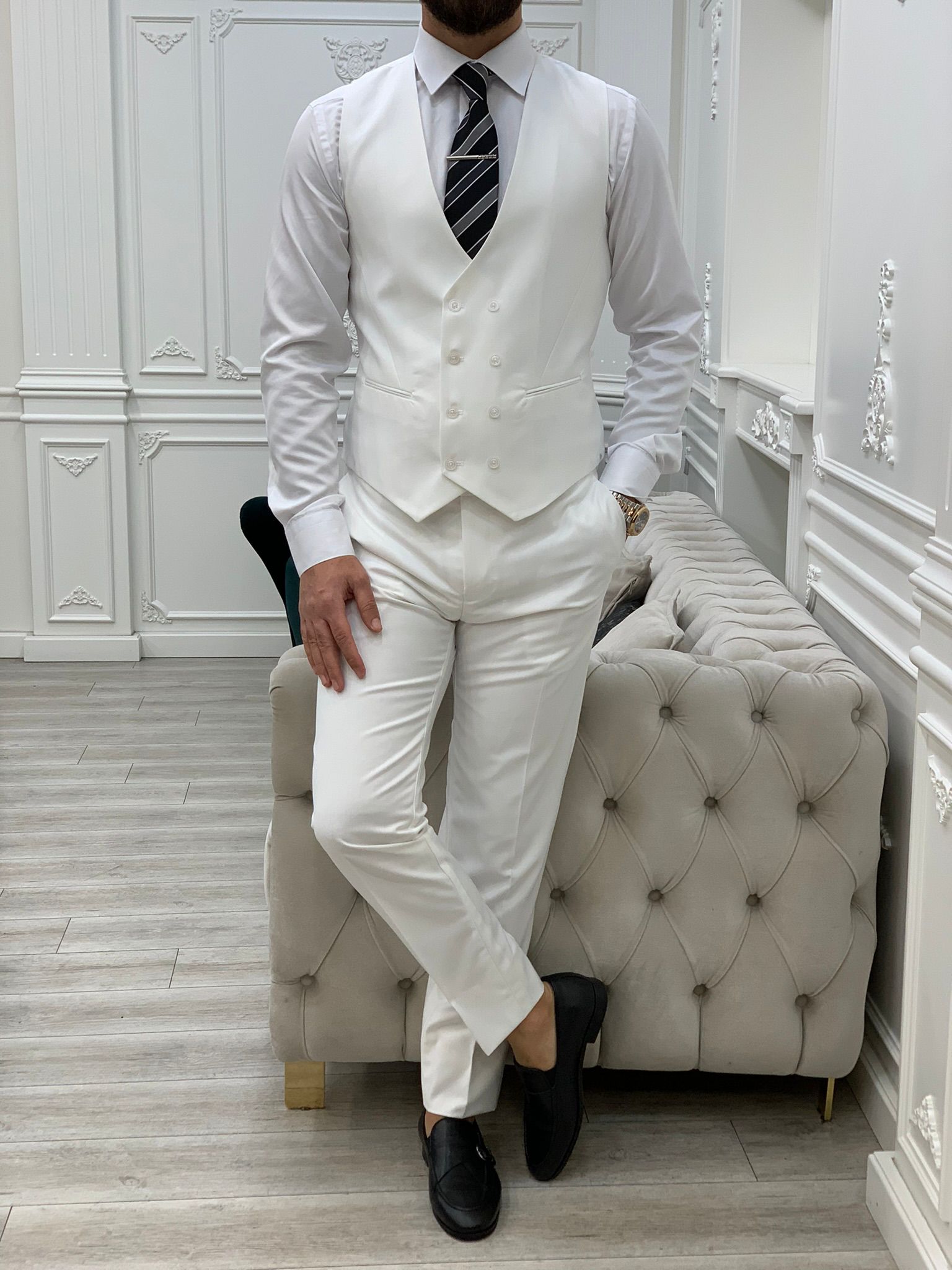 Slim Fit Takım Elbise Ceket Yelek Pantolon - Beyaz