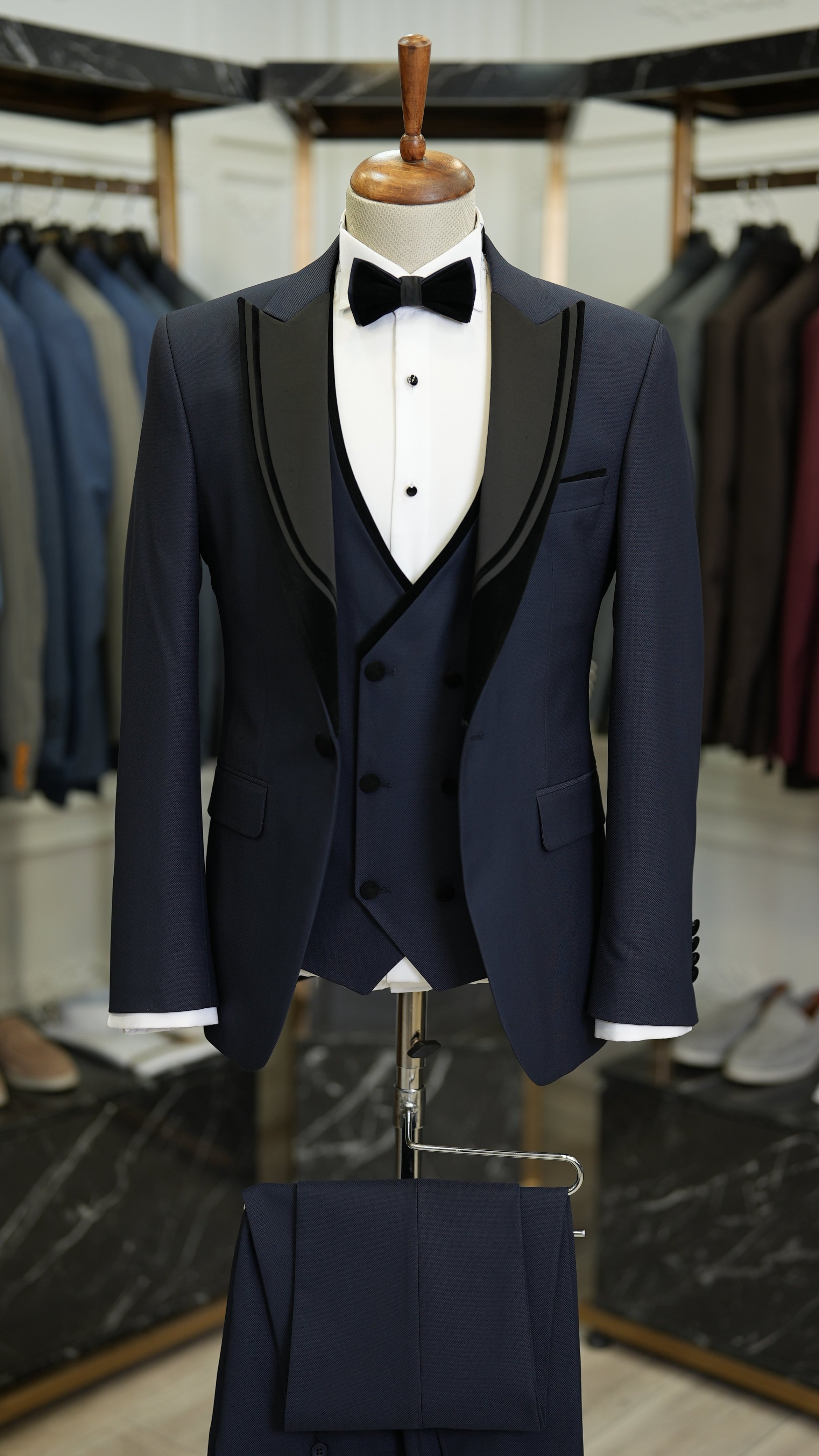 Slm Fit Damatlık Smokin Ceket Yelek Pantolon Papyon-Lacivert