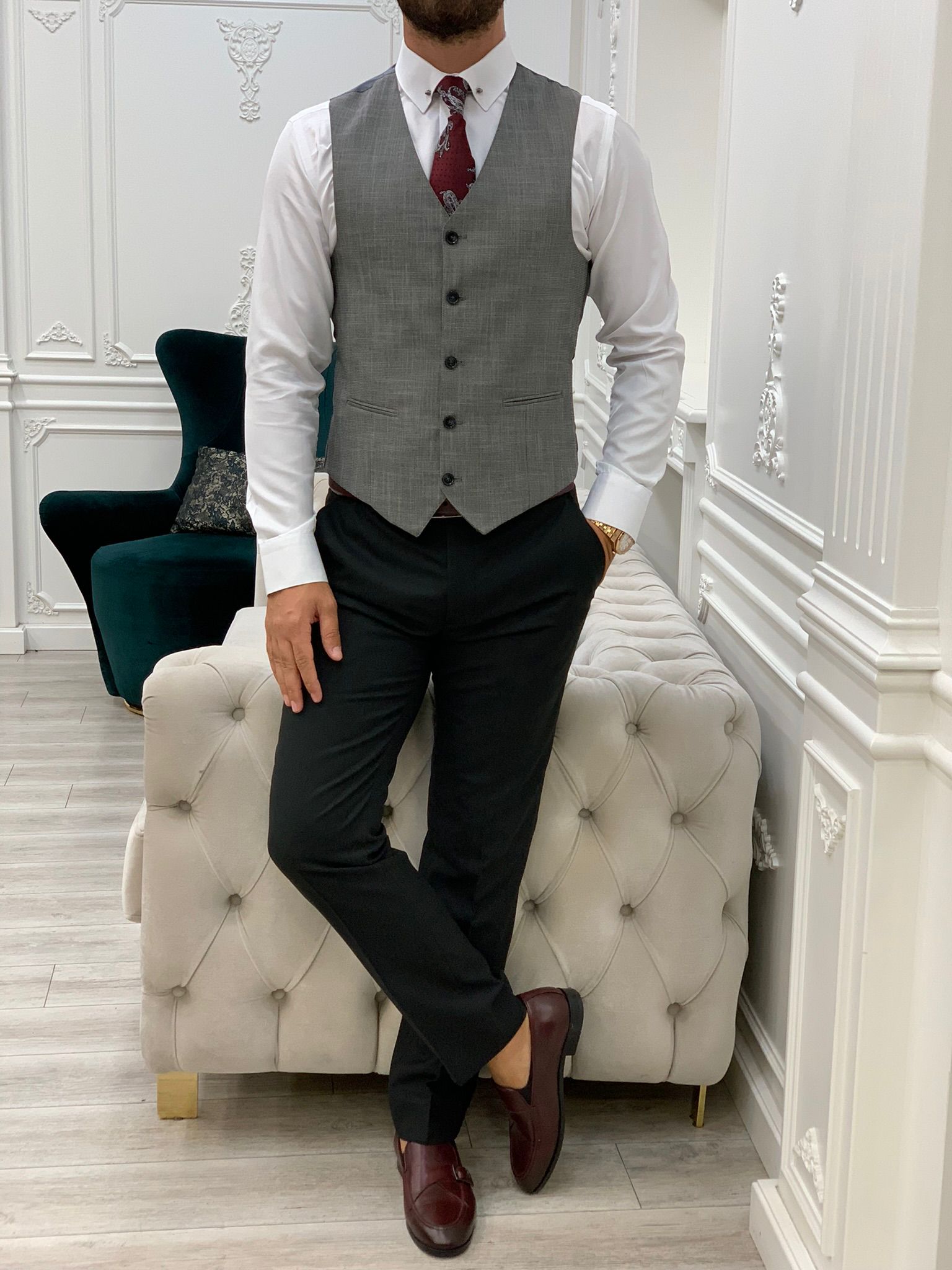 Giacca da abito slim fit, gilet, pantaloni-Nero
