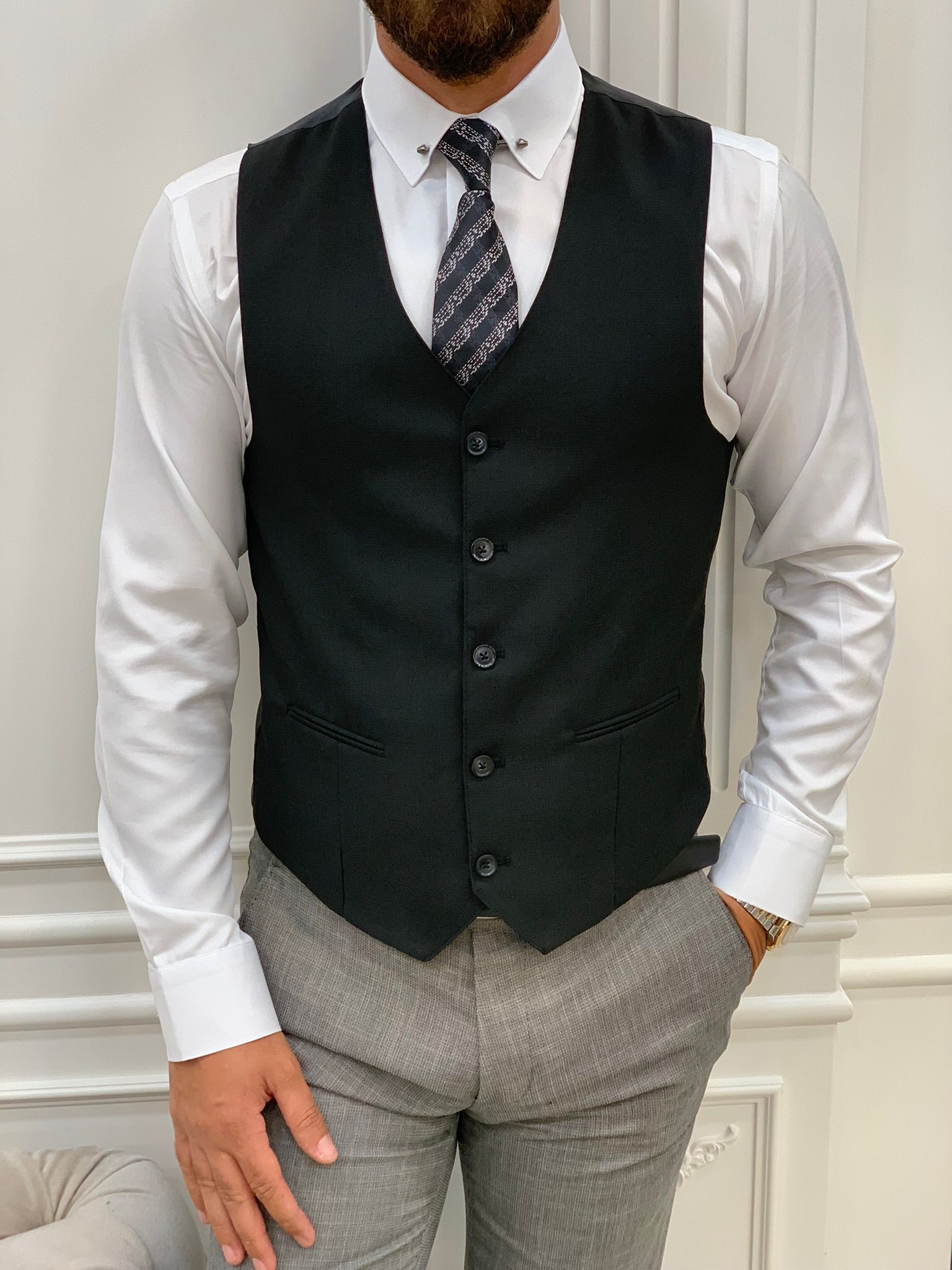 Abito Slim Fit Giacca Gilet Pantaloni-Grigio