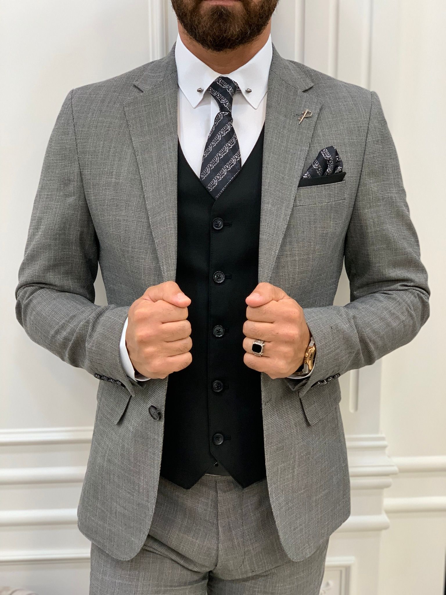 Abito Slim Fit Giacca Gilet Pantaloni-Grigio