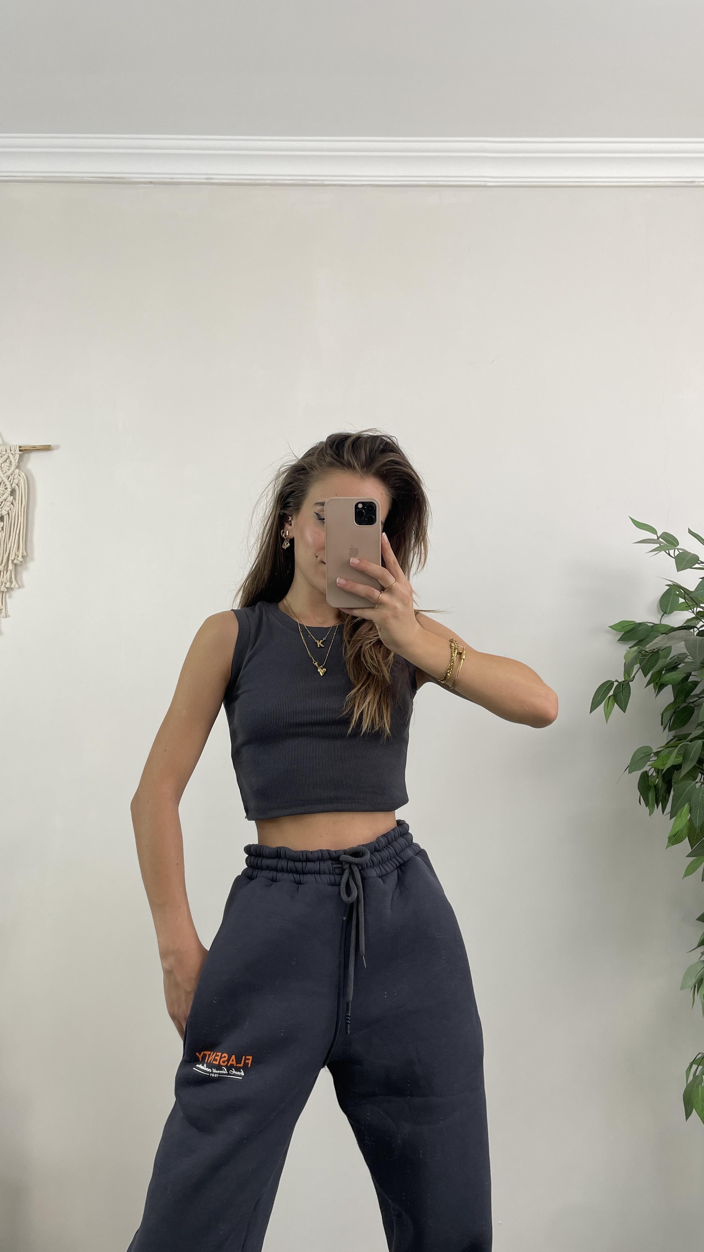 Gri Yazı Baskılı Üç İplik Şardonlu Eşofman Altı