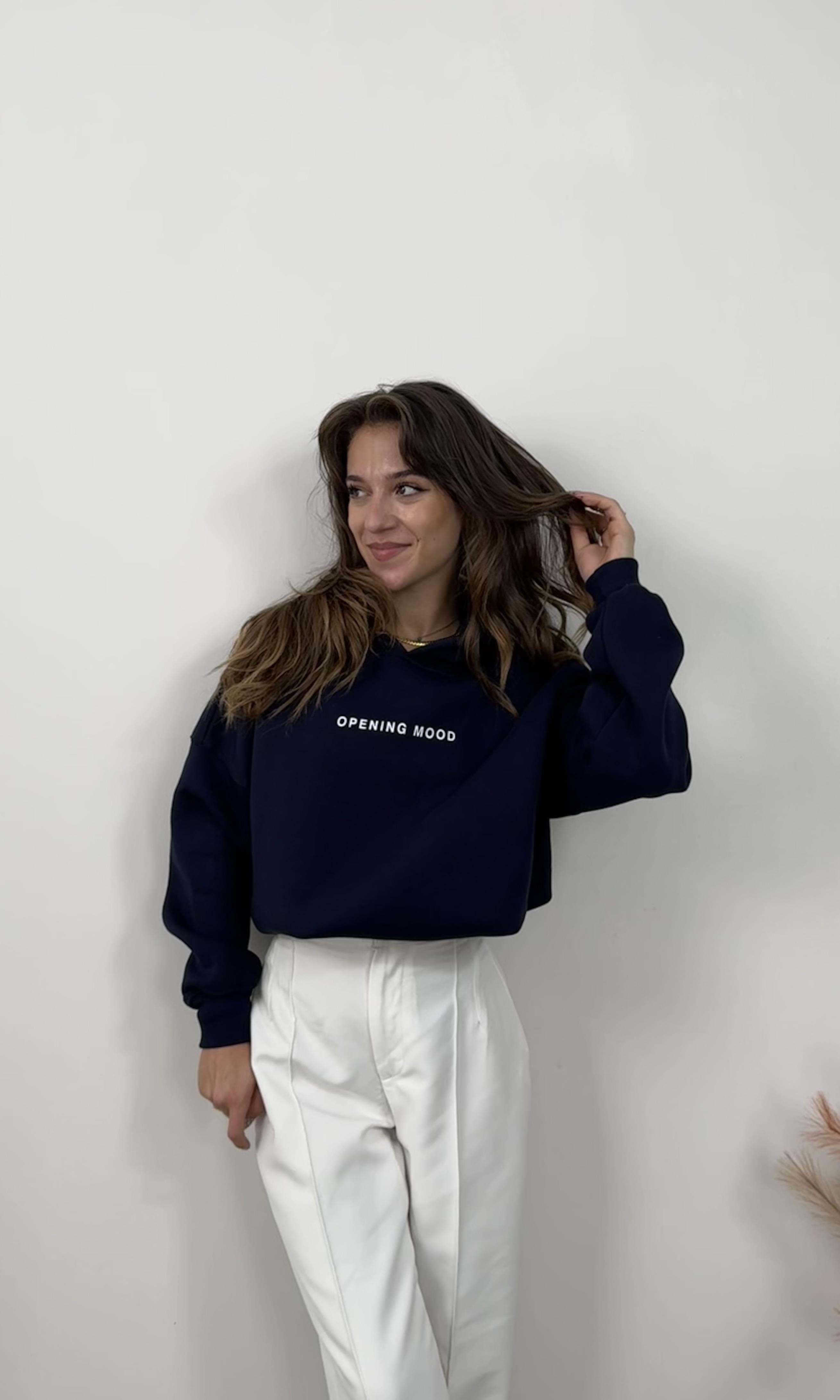 Lacivert Yazı Baskılı kapşonlu Sweat