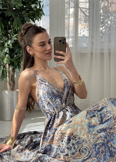 Aloha Lacivert  Etnik Desen İpek Elbise 