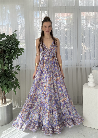 Aloha Lila Etnik Desen İpek Elbise 