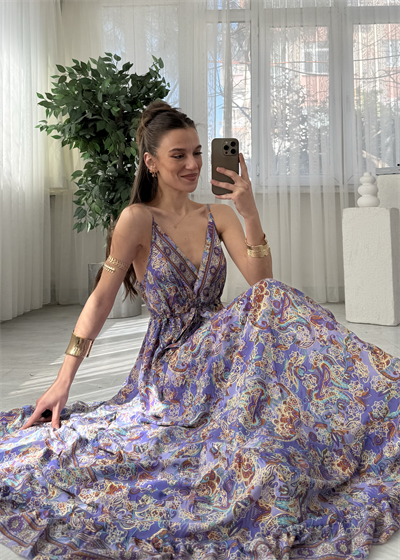 Aloha Lila Etnik Desen İpek Elbise 
