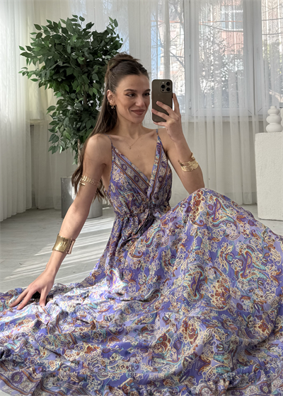 Aloha Lila Etnik Desen İpek Elbise 
