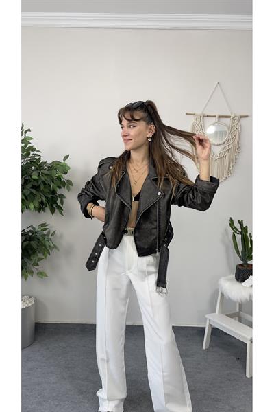 Antrasit Kemer Aksesuarlı Kruvaze Yaka Deri Ceket 