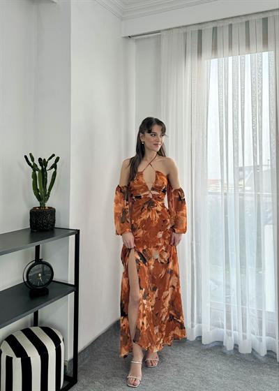 Flora Bağlama Detaylı Uzun Yırtmaçlı Turuncu Desenli Elbise 