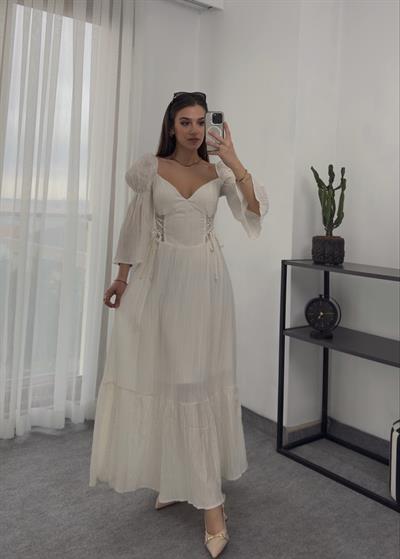 Balenli Transparan Detaylı Vintage  Ekru Elbise
