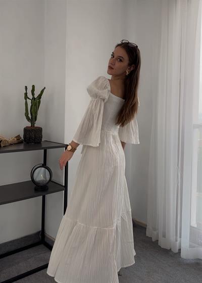 Balenli Transparan Detaylı Vintage  Ekru Elbise