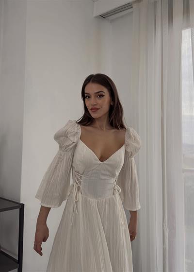 Balenli Transparan Detaylı Vintage  Ekru Elbise