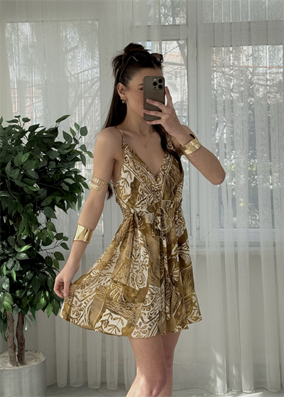 Bali Etnik Desen Haki Mini İpek Elbise