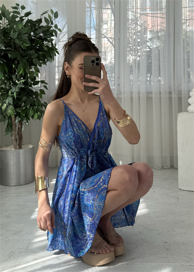 Bali Etnik Desen Lacivert Mini İpek Elbise