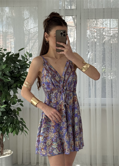 Bali Etnik Desen Lila Mini İpek Elbise