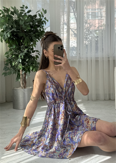Bali Etnik Desen Lila Mini İpek Elbise