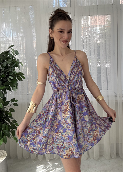 Bali Etnik Desen Lila Mini İpek Elbise