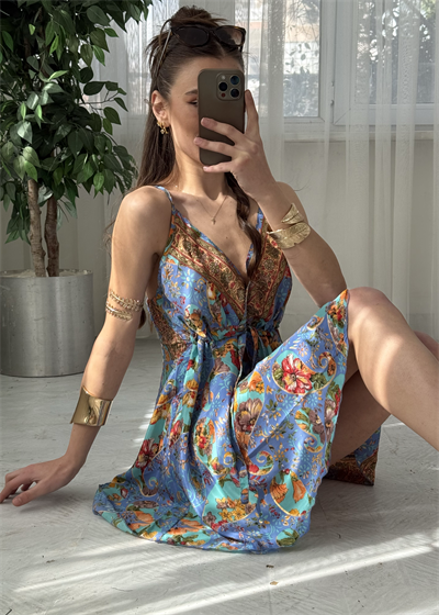 Bali Etnik Desen Mavi Mini İpek Elbise