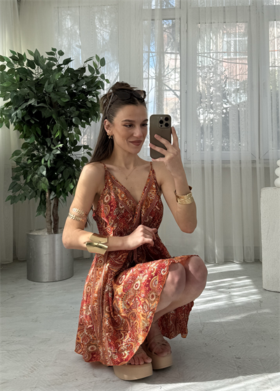 Bali Etnik Desen Turuncu Mini İpek Elbise