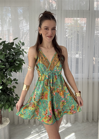 Bali Etnik Desen Yeşill Mini İpek Elbise