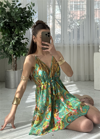 Bali Etnik Desen Yeşill Mini İpek Elbise