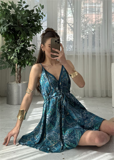 Bali Etnik Desen Yosun Yeşili Mini İpek Elbise